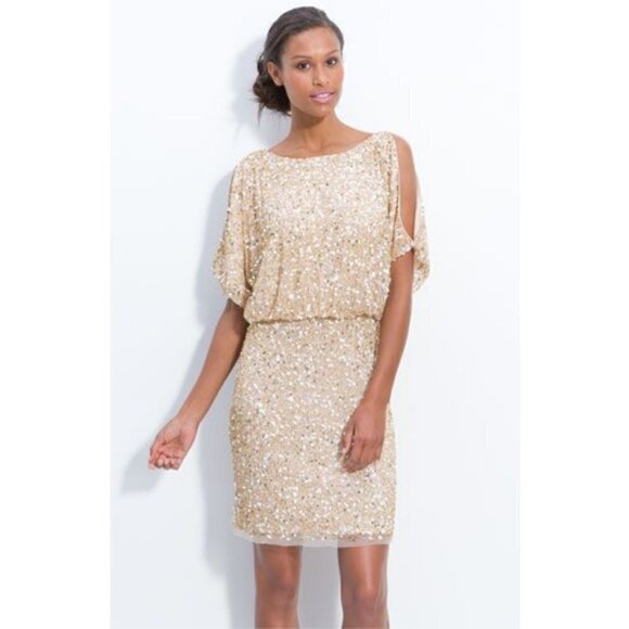 💕AIDAN MATTOX💕 Cold Shoulder Sequin Mini Dress Cocktail Dress Light Gold 6 NWT - Picture 4 of 14